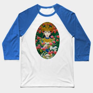 Vintage Style Abstract Asian Girl Surrounded by Beautiful Flowers Baseball T-Shirt